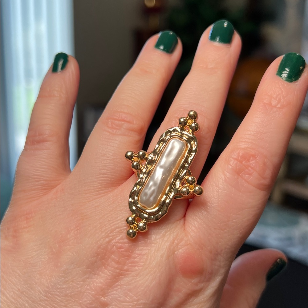 Vintage Style Etruscan Baroque Pearl 18k Gold Plated Statement Ring